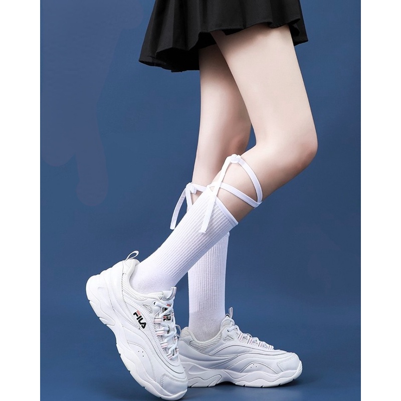 ถุงเท้าสตรีสไตล์เกาหลี-ถุงเท้ายาวถึงเข่าญี่ปุ่น-jk-ดีไซน์แบบผูกเชือก