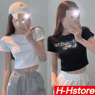 เสื้อครอป Crop top เนื้อผ้านุ่มสบาย  เอวสูงตัดสะดือสั้นด้านบนของผู้หญิงร้อนเจาะตัวอักษรเสื้อยืดแขนสั้นสลิมฟิตผู้หญิง P1012