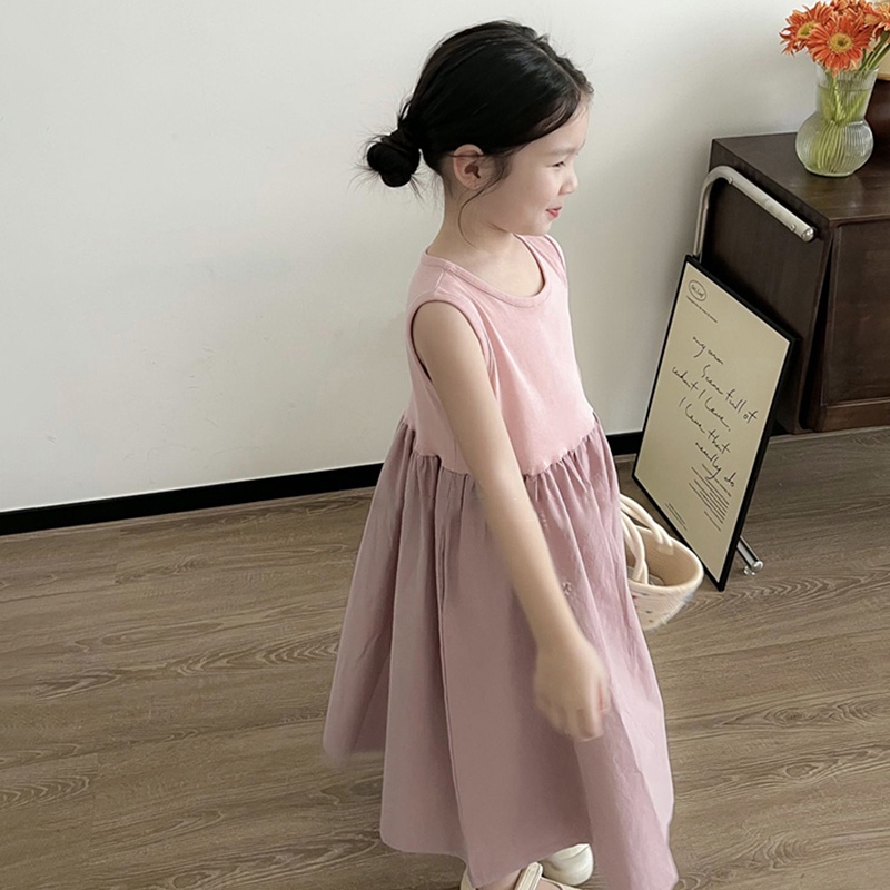 ชุดเดรสกระโปรง-คอกลม-แขนกุด-สีพื้น-สไตล์เกาหลี-สําหรับเด็กผู้หญิง