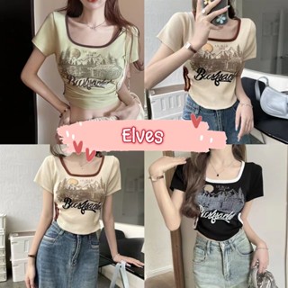 Elves✨พร้อมส่ง✨ เสื้อไหมพรมคอกลม แขนสั้น เว้าเอวสองข้าง สกีนลายเสื้อ~56098~ -C