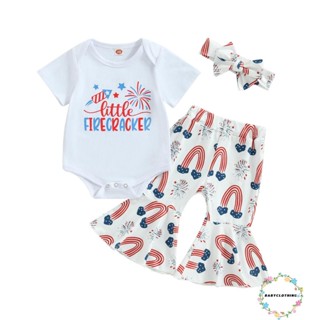 Babyclothes- ชุดรอมเปอร์ แขนสั้น พิมพ์ลายตัวอักษร ดอกไม้ไฟสีรุ้ง และกางเกงขาบาน และที่คาดผม สําหรับเด็กผู้หญิง