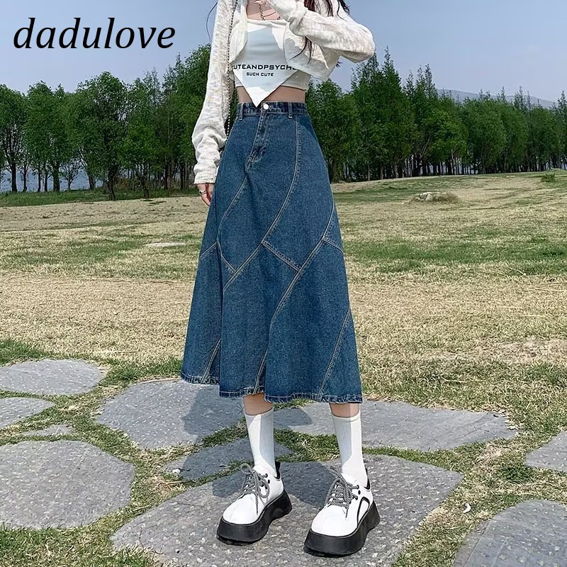 dadulove-new-korean-version-of-ins-retro-stitching-denim-skirt-niche-high-waist-a-line-skirt-package-hip-skirt