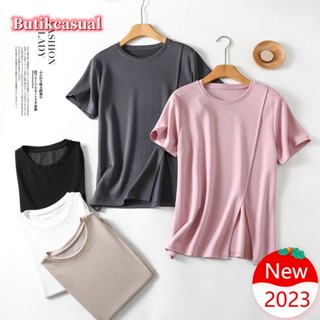 เสื้อยืดลําลอง ผ้าฝ้าย แขนสั้น คอกลม ทรงหลวม แฟชั่นฤดูร้อน สําหรับสตรี 2023