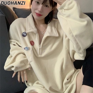 Duohanzi เสื้อกันหนาว คอปกโปโล ทรงหลวม เข้ากับทุกการแต่งกาย สําหรับผู้หญิง