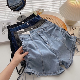 กางเกงขาสั้นยีนส์เอวสูงผู้หญิงฤดูร้อนใหม่ Drawstring ยืดกางเกง A-shape รัดรูปกางเกงร้อน-SH61006