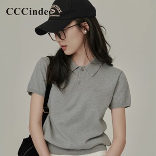 Cccindee เสื้อโปโลแขนสั้น ผ้าถัก เข้ารูป สีพื้น เข้ากับทุกการแต่งกาย แฟชั่นสําหรับผู้หญิง 2023