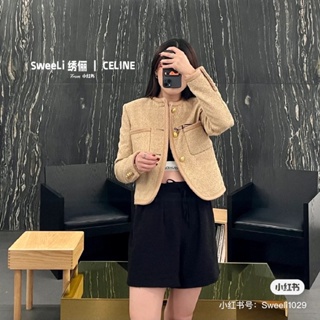 3CHT C- ELINE 2023 retro classic three-dimensional double-pocket decorative ribbon stitching tweed short jacket jacket