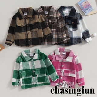 Chf-1-5 ปี เด็กผู้ชาย ลายสก๊อต ผ้าสักหลาด แขนยาว กระดุม ปกเสื้อ ปิด ลําลอง ทนทาน พร้อมกระเป๋า