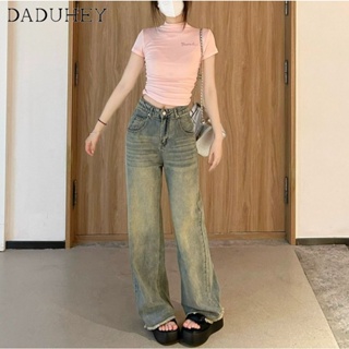 DaDuHey🎈 Korean Style Womens High Waist Wide Leg Denim Pants New Retro Loose Straight Casual Mopping Pants