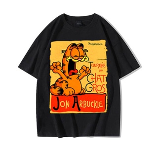 【สินค้าเฉพาะจุด】 Garfield ร่วมเสื้อยืดชายและหญิงผ้าฝ้ายแท้แขนสั้นถนนอินเทรนด์ผ้าฝ้ายแขนสั้น