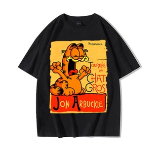 【สินค้าเฉพาะจุด】 Garfield ร่วมเสื้อยืดชายและหญิงผ้าฝ้ายแท้แขนสั้นถนนอินเทรนด์ผ้าฝ้ายแขนสั้น