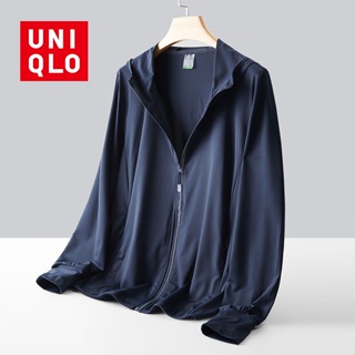 Uniqlo เสื้อแจ็กเก็ต ป้องกันแสงแดด UPF50 + สีน้ําเงินเข้ม ป้องกันรังสียูวี ยืดได้ ทนต่อการสึกหรอ และเสื้อผ้าตกปลา มีฮู้ด กีฬา เสื้อกันลม กันแดด สําหรับผู้ชาย