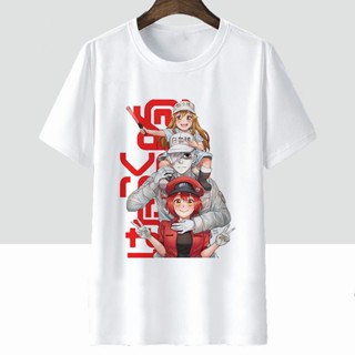 ◊﹉Cells At Work น่ารัก สีดำสีขาว เสื้อยืดแขนสั้นลายการ์ตูน เสื้อโอเวอร์ไซส์ผู้ชายและผู้หญิงคอกลม