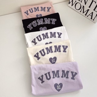 S190 เสื้อครอป ผ้าคอตตอน สไตล์มินิมอล ปัก yummy