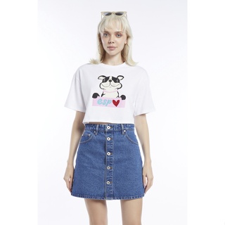 ESP เสื้อทีเชิ้ตทรงครอปลายเฟรนช์ชี่ ผู้หญิง สีขาว | Frenchie Crop Tee Shirt (Oversized) | 5940