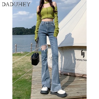 DaDuHey🎈 Women New Korean Style Raw Edge Ripped Jeans High Waist Slimming Casual Mopping Flared Plus Size Pants