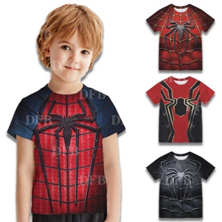 เสื้อยืดคอกลม พิมพ์ลายการ์ตูน Spider Man 3D แฟชั่นฤดูร้อน สําหรับเด็ก 2023