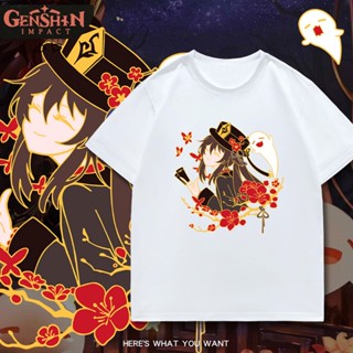 เสื้อยืดลายญี่ปุ่นผู้ชาย Genshin Impact Greater Lord Rukkhadevata/HuTao/Nahida เกมเสื้อยืดเสื้อขาว ผ้าฝ้ายแท้พิมพ์ลาย