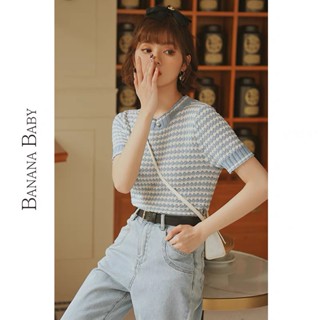 Bananana BABY ใหม่ เสื้อกันหนาว แขนสั้น ลายทาง ลูกไม้ ทรงหลวม สไตล์ลําลอง ฤดูร้อน สําหรับผู้หญิง MC USGC
