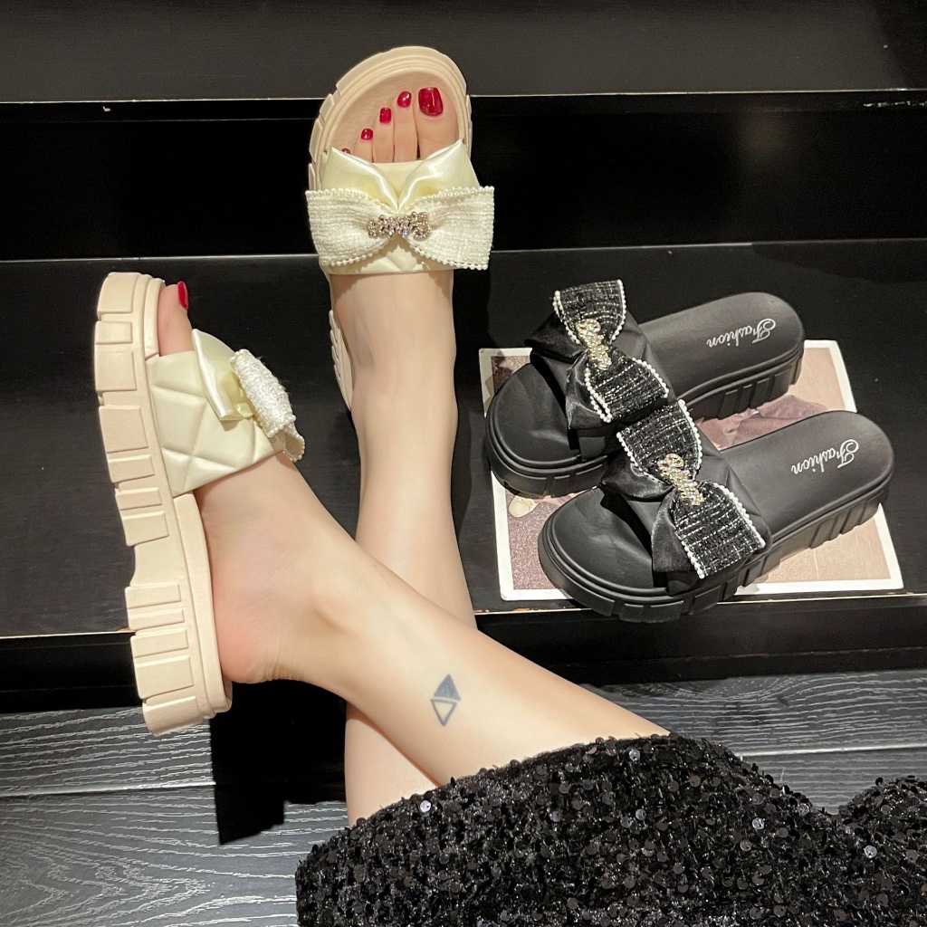 สปอตสินค้า-รองเท้าแตะผู้หญิงสไตล์เกาหลี-การออกแบบโบว์แฟชั่น-รองเท้าแตะส้นแบนกลางแจ้ง-สวมใส่สบาย