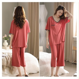 【Pajamas Oversize】(50-150 กก.) ชุดนอน เสื้อครอป คอวี แขนสั้น และกางเกง ทรงหลวม สําหรับผู้หญิง