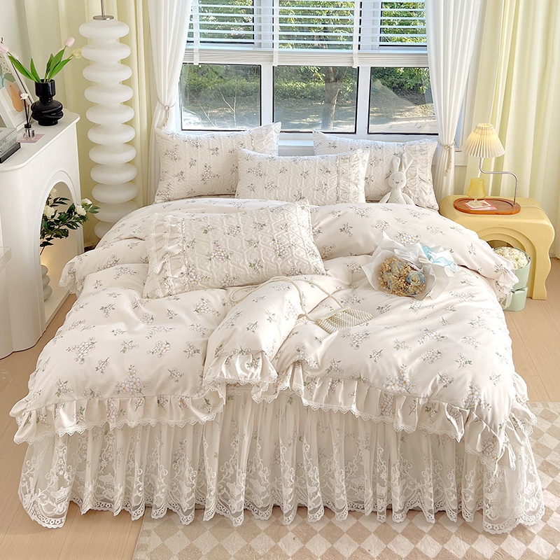 4-in-1-ชุดเครื่องนอน-ผ้าปูที่นอน-ปลอกหมอน-พิมพ์ลายดอกไม้-สไตล์เจ้าหญิงฝรั่งเศส-ควีนไซซ์-คิงไซซ์-ควีนไซซ์