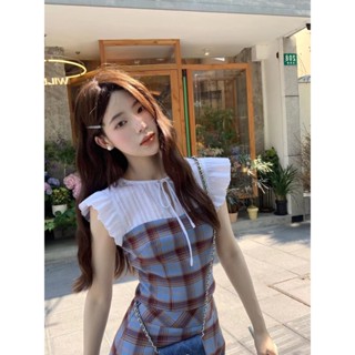 [พร้อมส่ง] ชุดเดรสกระโปรง ทรงเอ แขนพอง ลายสก๊อต สไตล์ฝรั่งเศส เรโทร สําหรับสตรี 2023