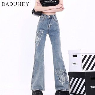 DaDuHey🎈 Korean Style High Waist Slimming Womens Summer Design Butterfly Embroidered Retro Washed Jeans Slim Casual Mop Bootcut Pants