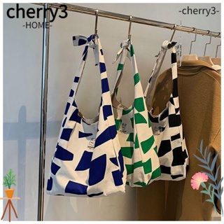 Cherry3 กระเป๋าสะพายไหล่ กระเป๋าช้อปปิ้ง ผ้าแคนวาส แบบนิ่ม ขนาดใหญ่ จุของได้เยอะ สีเขียว สีฟ้า สีดํา