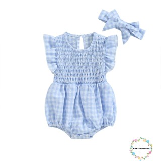 Babyclothes- ชุดรอมเปอร์ แขนสั้น คอกลม ลายสก๊อต พร้อมที่คาดผม สําหรับเด็กทารกผู้หญิง