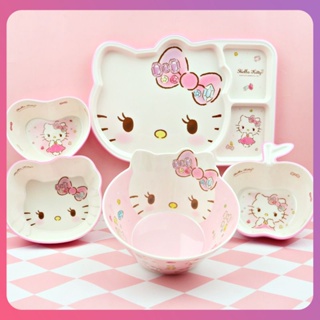 Creative Hello Kitty อุปกรณ์เสริมบนโต๊ะอาหาร Sanrio Cartoon Melamine Bowl Set Beauty Children Spoon Rice Soup Bowl Children Gift Kitchen Accessories [COD]