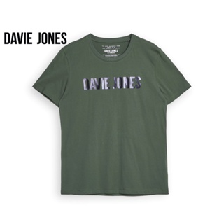 DAVIE JONES เสื้อยืดพิมพ์ลายโลโก้ สีเขียว สีกากี Logo Print T-Shirt in green TB0298GR KH