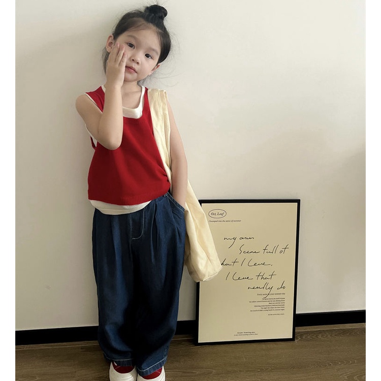 ชุดเซ็ทเด็กผู้หญิง-สาวฤดูร้อนเกาหลีชุด-2023-ใหม่สาวเกาหลีเสื้อแขนกุด-กางเกงยีนส์ขากว้างสองชิ้น