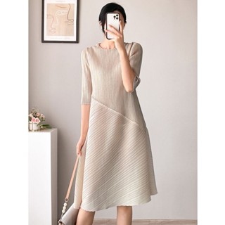 Miyake ชุดเดรสกระโปรง ทรงเอ แขนสามส่วน ทรงหลวม ออกแบบดี สุดชิค เหมาะกับฤดูใบไม้ผลิ และฤดูร้อน สําหรับสตรี