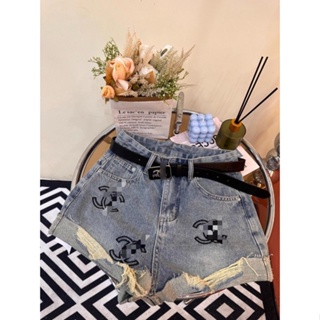 Internet celebrity embroidered alphabet washed jeans womens summer light-colored high-waisted loose shorts fringed out wearing wide-legged pants