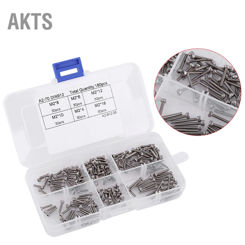 akts-180pcs-m2-black-hex-socket-cap-head-screw-bolt-set-304-stainless-steel-4-16mm