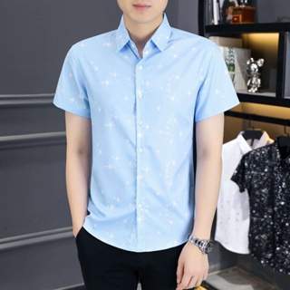 Spot high CP value] male youth handsome blouse printed short-sleeved mens thin shirt summer ice silk trendy shirt business leisure mens shirt professional inch shirt half-sleeved mens clothing