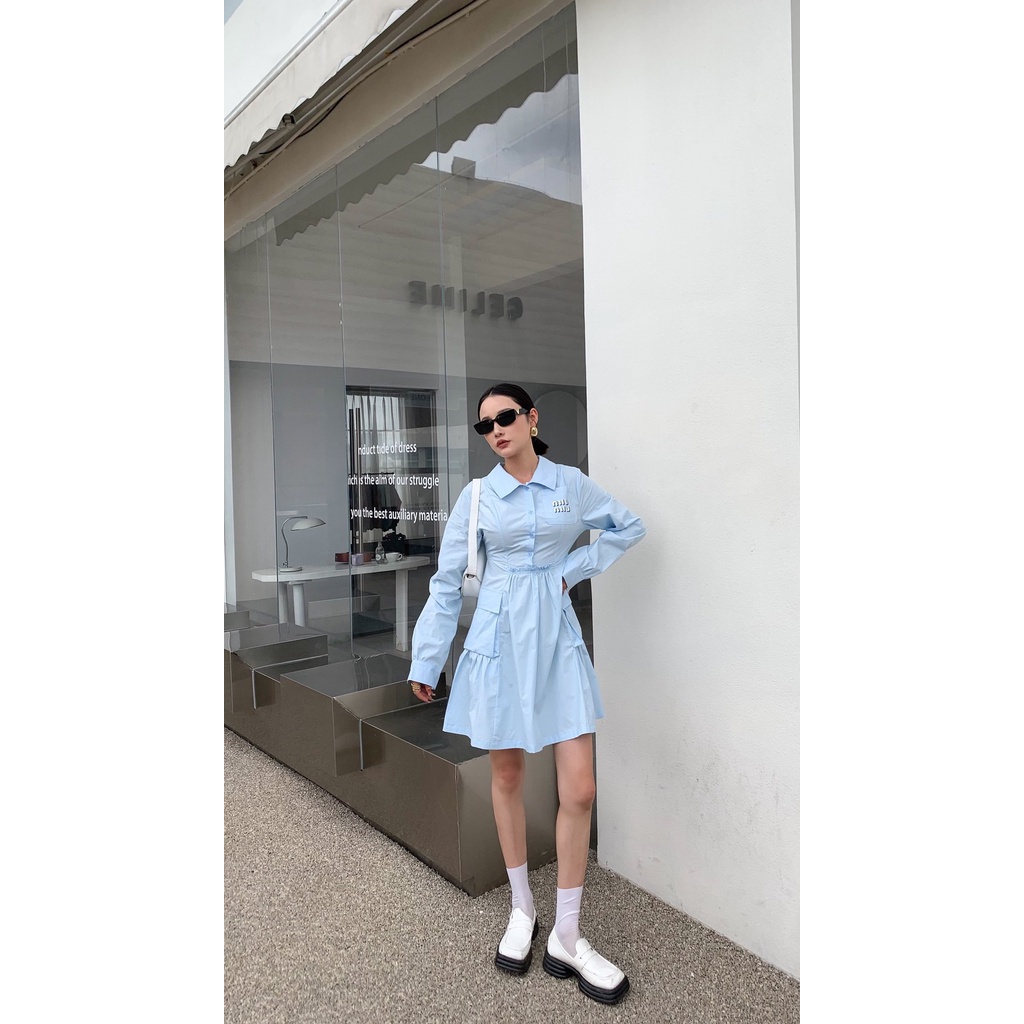 taoc-miu-miu-2023-autumn-and-winter-new-letter-embroidery-logo-decorative-belt-shirt-skirt-pleated-large-swing-slimming-cute-style-women