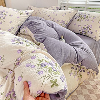 4 IN 1 ชุดเครื่องนอน ผ้าปูที่นอน ปลอกหมอน ผ้านวม พิมพ์ลายดอกไม้ สีม่วง สําหรับเตียงควีนไซซ์ คิงไซซ์