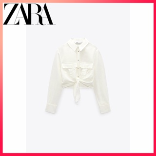 Zara ใหม่ เสื้อเชิ้ตแขนยาว สีขาว ผูกปม สําหรับผู้หญิง