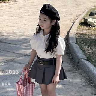 ชุดเสื้อเชิ้ตแขนสั้น คอตุ๊กตา แขนพอง และกระโปรง สีเทา แฟชั่นเจ้าหญิง สไตล์เกาหลี สําหรับเด็กผู้หญิง