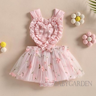 Babygarden-0-24 เดือน ชุดรอมเปอร์ แขนกุด เปิดหลัง ลายดอกไม้ ลูกไม้ หัวใจ สีชมพู ฤดูร้อน สําหรับเด็กทารก เด็กผู้หญิง ปาร์ตี้