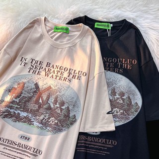 เสื้อยืดแขนสั้นลําลอง ผ้าฝ้ายแท้ ทรงหลวม ลายกังหันลมปราสาท สไตล์อเมริกัน เรโทร แฟชั่นฤดูร้อน สําหรับผู้ชาย และผู้หญิง