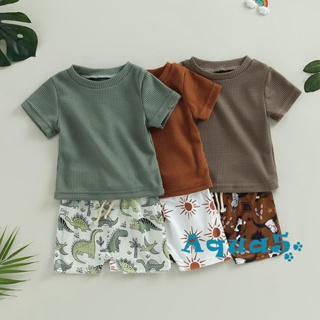 AQQ-Baby Boys 2PCS Clothing Set Short Sleeve Waffle T-Shirt and Elastic Dinosaur/Sun/Bullhead Print Shorts Summer Outfits