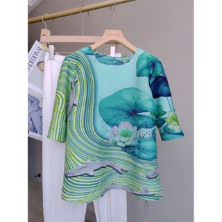 Miyake เสื้อแขนกลาง พิมพ์ลาย ทรงหลวม ขนาดใหญ่ สไตล์ตะวันตก เข้ากับทุกการแต่งกาย สําหรับผู้หญิง 2023