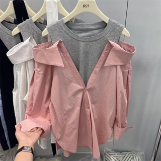 Extra large size 300 jin fake two shirts female designer blouse splicing open shoulder loose long sleeved shirt trend