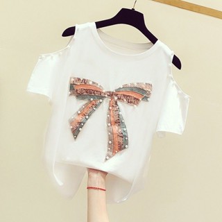 เสื้อยืด คอกลม เปิดไหล่ ประดับเลื่อม ทรงหลวม สําหรับผู้หญิง