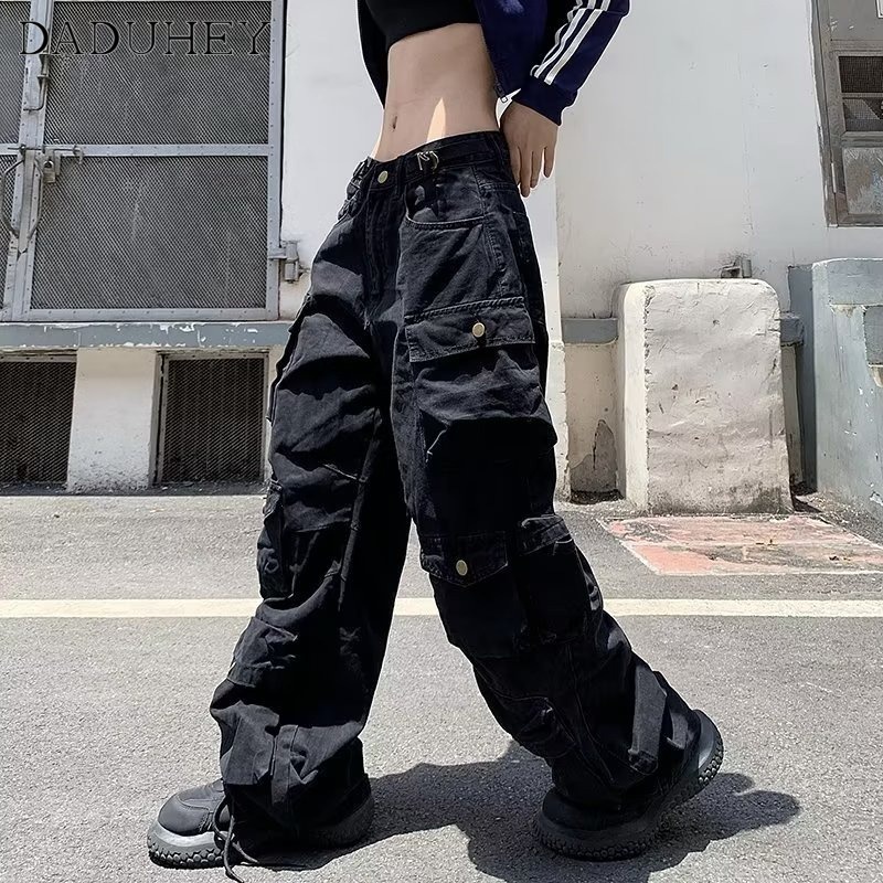 DaDuHey Ins American Style Retro Women Multi Pocket Pants High Waist Wide Leg Straight Casual Cargo Pants
