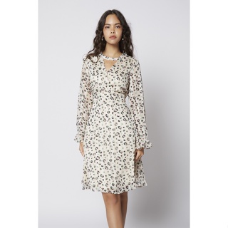 ESPADA เดรสทรงไขว้ทับลายเสือดาว ผู้หญิง เบจ | Leopard Print Wrap Dress | 4727