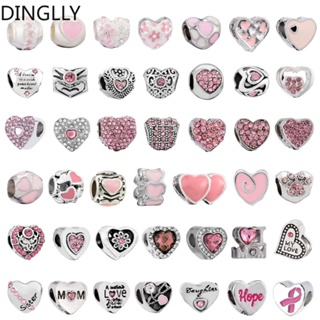 Dinglly ลูกปัดอัลลอย สีเงิน สีชมพู และพลอยเทียม รูปหัวใจ สําหรับทําเครื่องประดับ Diy